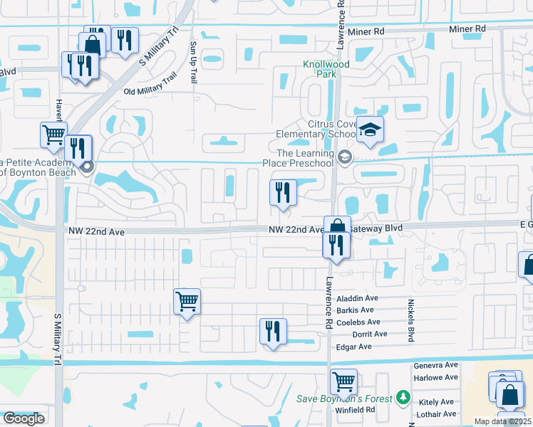 map of restaurants, bars, coffee shops, grocery stores, and more near 71 Sausalito Drive in Boynton Beach