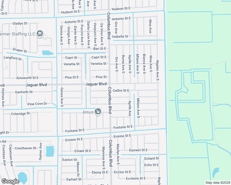 map of restaurants, bars, coffee shops, grocery stores, and more near 1206 Cellini Street East in Lehigh Acres