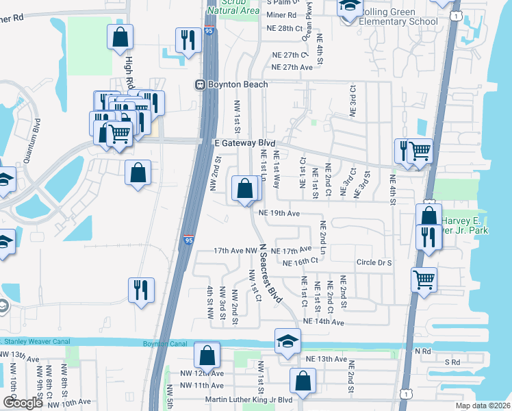 map of restaurants, bars, coffee shops, grocery stores, and more near 1910 North Seacrest Boulevard in Boynton Beach
