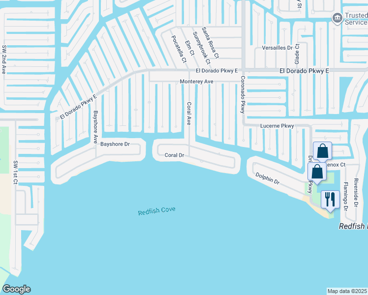 map of restaurants, bars, coffee shops, grocery stores, and more near 440 Coral Drive in Cape Coral