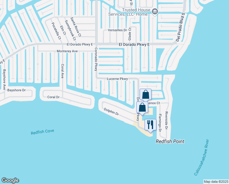 map of restaurants, bars, coffee shops, grocery stores, and more near 5627 Deauville Court in Cape Coral