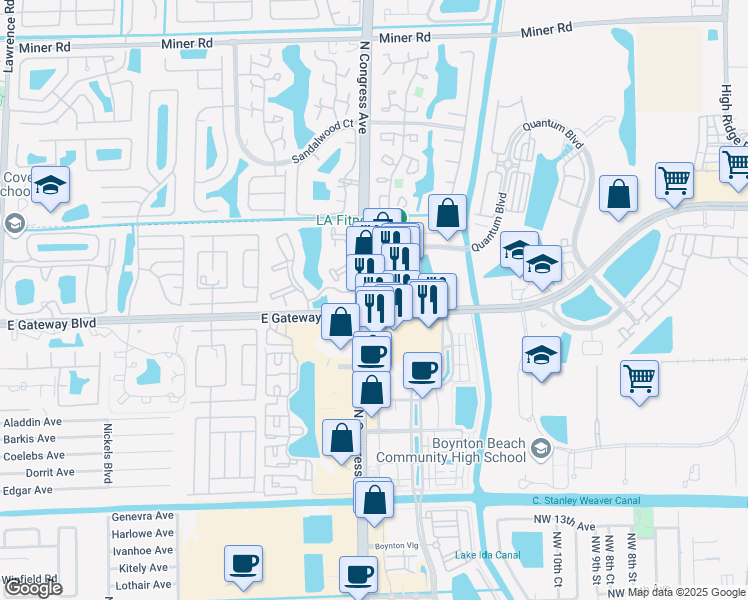 map of restaurants, bars, coffee shops, grocery stores, and more near 2202 North Congress Avenue in Boynton Beach