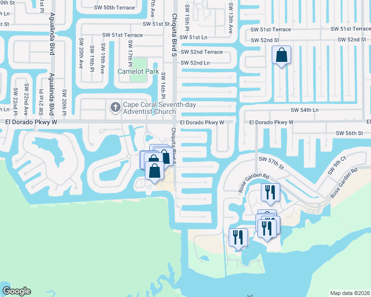 map of restaurants, bars, coffee shops, grocery stores, and more near 1533 Southwest 57th Street in Cape Coral