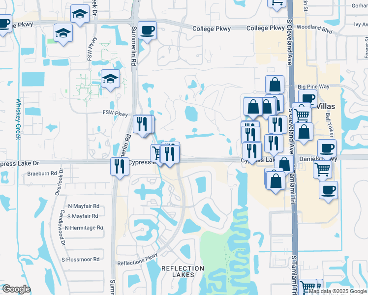 map of restaurants, bars, coffee shops, grocery stores, and more near 7430 Lake Breeze Drive in Fort Myers