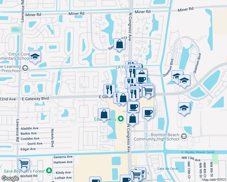 map of restaurants, bars, coffee shops, grocery stores, and more near 3304 Mahogany Drive in Boynton Beach