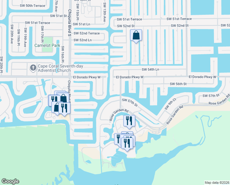 map of restaurants, bars, coffee shops, grocery stores, and more near 5607 Southwest 12th Place in Cape Coral