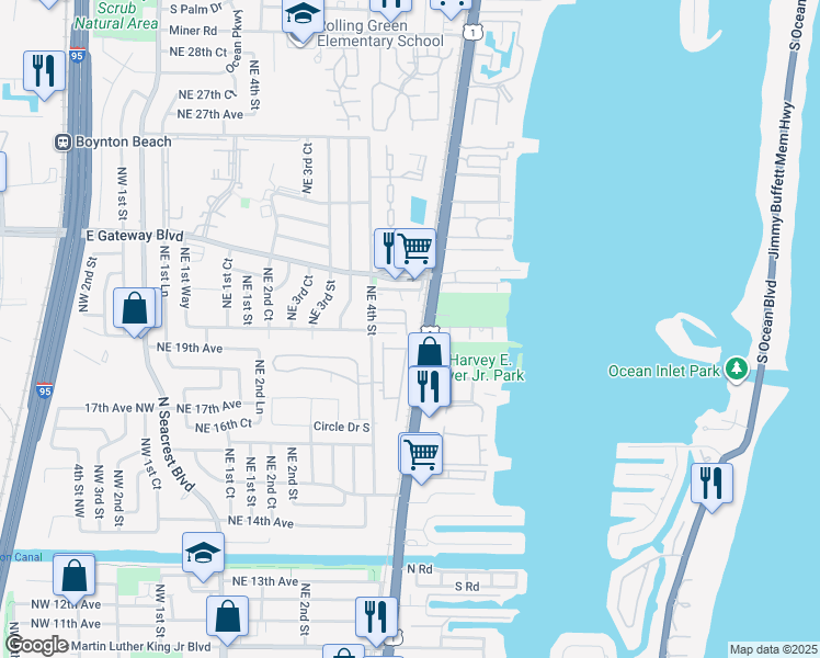 map of restaurants, bars, coffee shops, grocery stores, and more near 2102 East Ridge Circle East in Boynton Beach