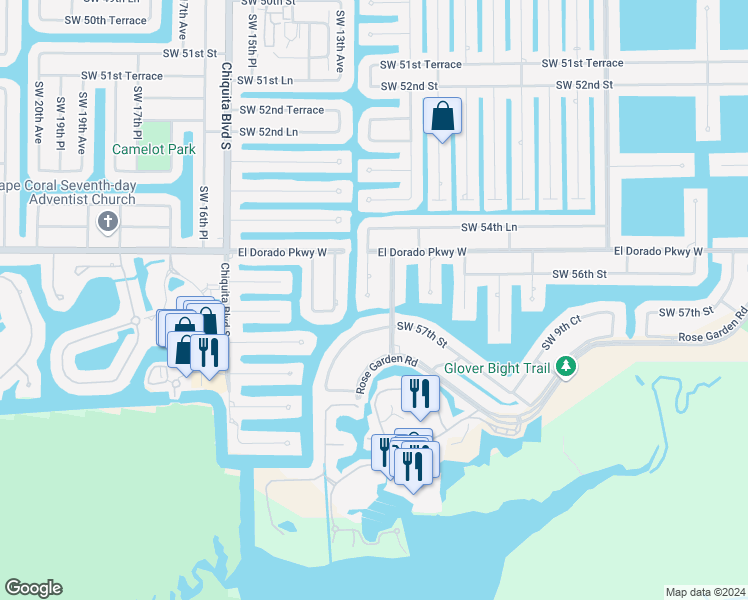 map of restaurants, bars, coffee shops, grocery stores, and more near 5607 Southwest 12th Place in Cape Coral