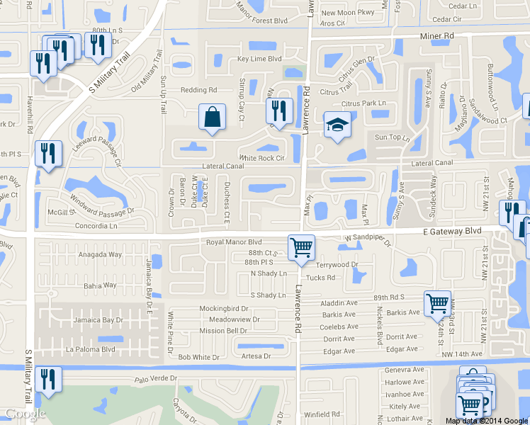 map of restaurants, bars, coffee shops, grocery stores, and more near 94 Sausalito Circle in Boynton Beach