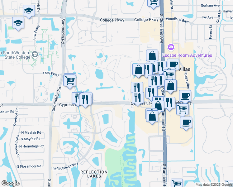map of restaurants, bars, coffee shops, grocery stores, and more near 7402 Lake Breeze Drive in Fort Myers