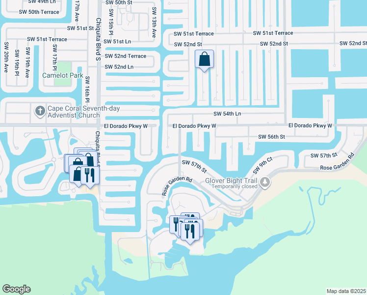 map of restaurants, bars, coffee shops, grocery stores, and more near 1195 Southwest 57th Street in Cape Coral