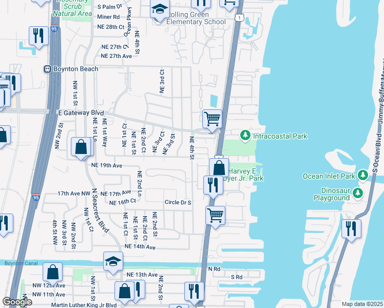 map of restaurants, bars, coffee shops, grocery stores, and more near East Ridge Circle South in Boynton Beach