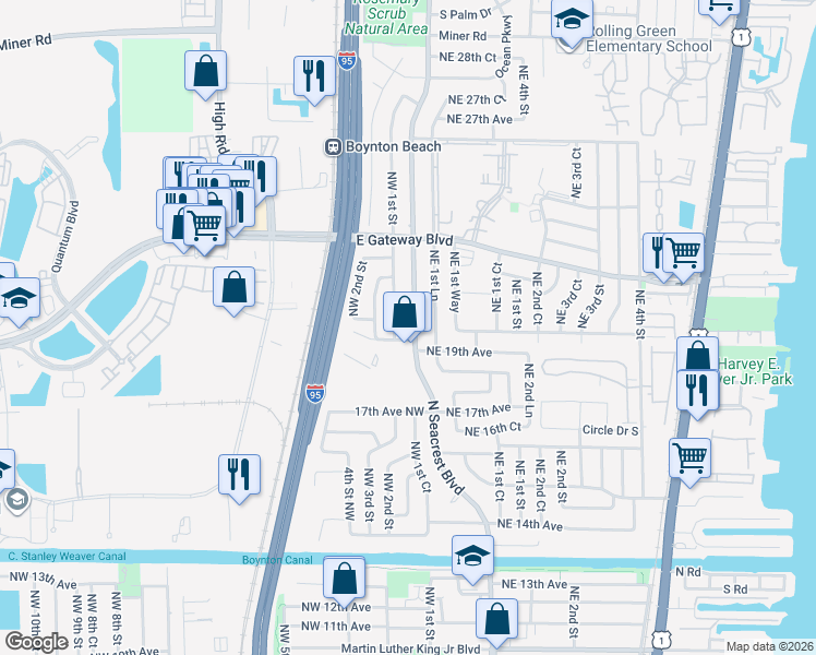 map of restaurants, bars, coffee shops, grocery stores, and more near 1931 North Seacrest Boulevard in Boynton Beach