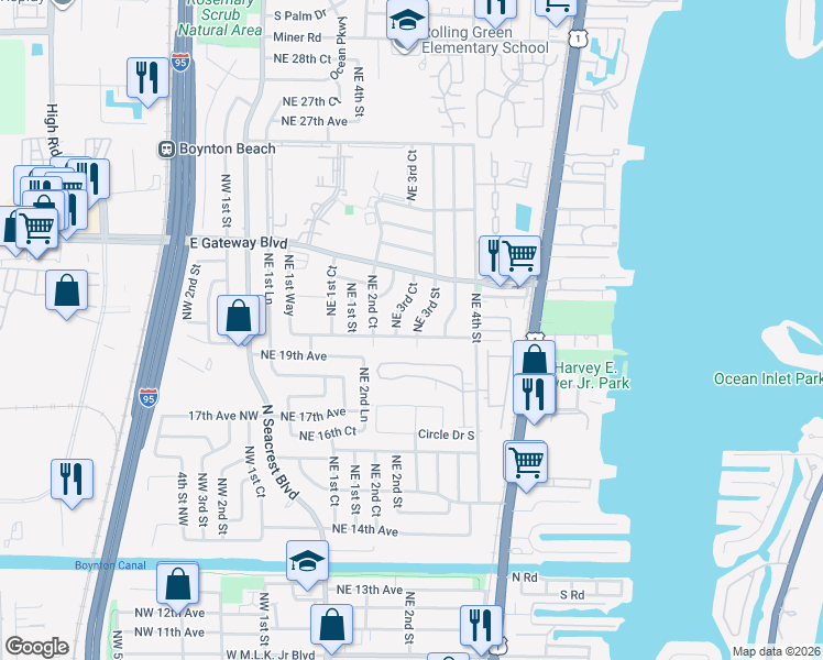 map of restaurants, bars, coffee shops, grocery stores, and more near 2105 Northeast 3rd Street in Boynton Beach