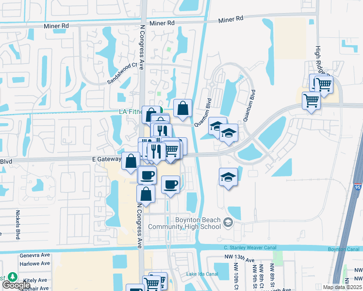 map of restaurants, bars, coffee shops, grocery stores, and more near Gateway Boulevard in Boynton Beach