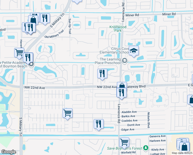map of restaurants, bars, coffee shops, grocery stores, and more near 71 Sausalito Drive in Boynton Beach