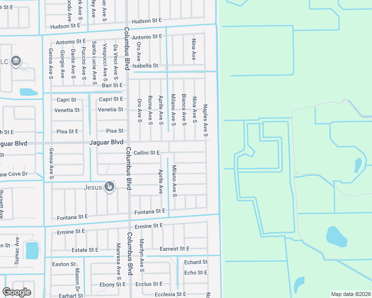 map of restaurants, bars, coffee shops, grocery stores, and more near 1242 Cellini Street East in Lehigh Acres