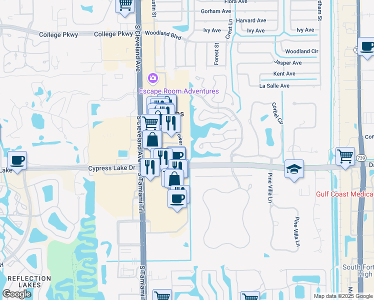 map of restaurants, bars, coffee shops, grocery stores, and more near 13515 Bell Tower Drive in Fort Myers