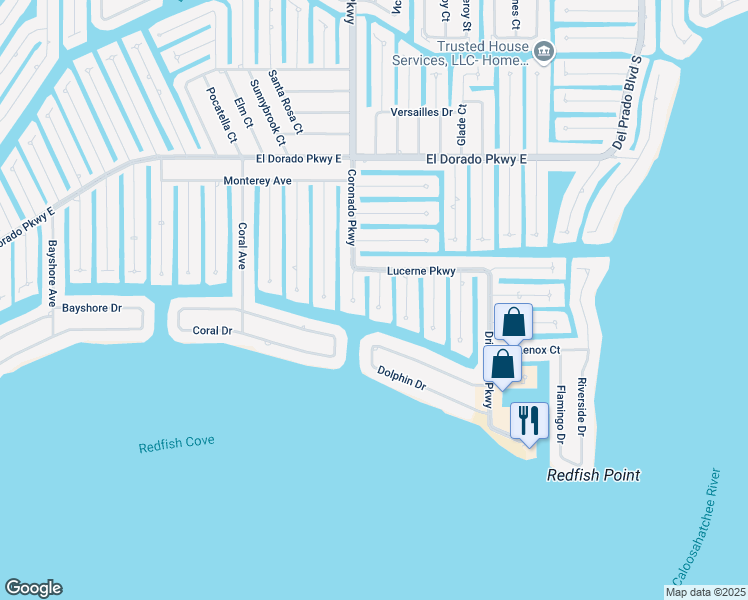 map of restaurants, bars, coffee shops, grocery stores, and more near 5620 Del Rio Court in Cape Coral