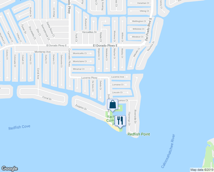 map of restaurants, bars, coffee shops, grocery stores, and more near 5618 Driftwood Parkway in Cape Coral