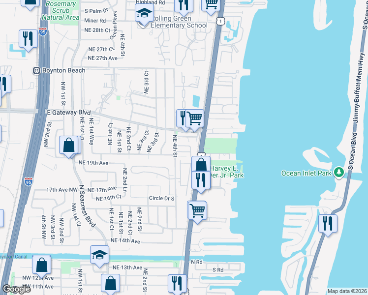 map of restaurants, bars, coffee shops, grocery stores, and more near 556 East Ridge Circle North in Boynton Beach