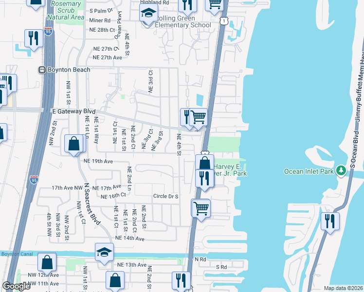 map of restaurants, bars, coffee shops, grocery stores, and more near 524 East Ridge Circle North in Boynton Beach