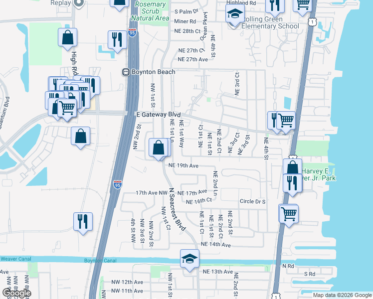 map of restaurants, bars, coffee shops, grocery stores, and more near 2152 Northeast 1st Way in Boynton Beach
