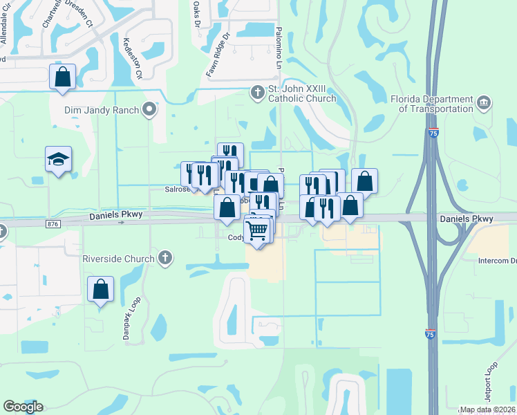 map of restaurants, bars, coffee shops, grocery stores, and more near 9011 Daniels Parkway in Fort Myers