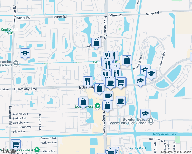 map of restaurants, bars, coffee shops, grocery stores, and more near 2305 North Congress Avenue in Boynton Beach