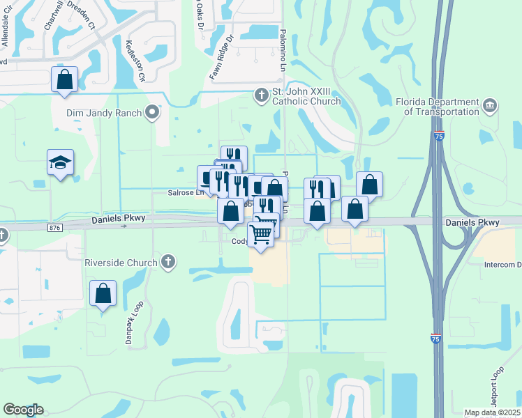 map of restaurants, bars, coffee shops, grocery stores, and more near 9011 Daniels Parkway in Fort Myers