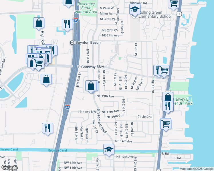 map of restaurants, bars, coffee shops, grocery stores, and more near 2152 Northeast 1st Way in Boynton Beach