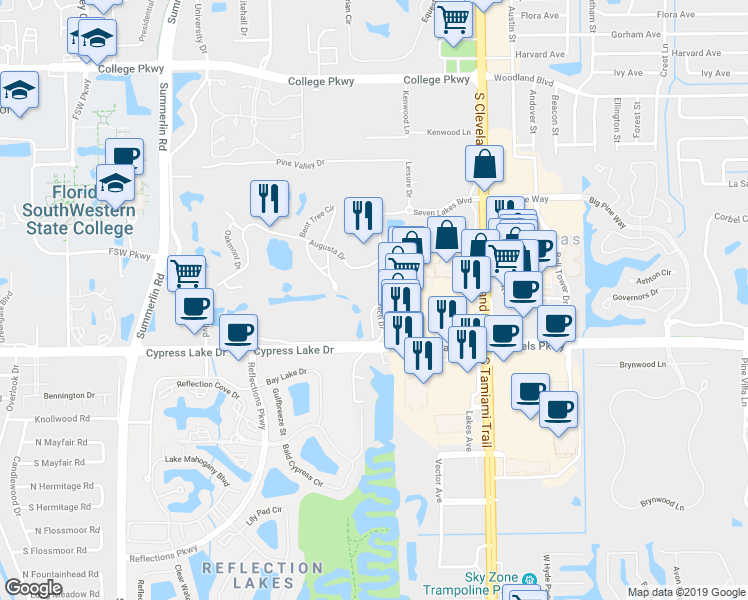 map of restaurants, bars, coffee shops, grocery stores, and more near 1747 Pebble Beach Drive in Fort Myers