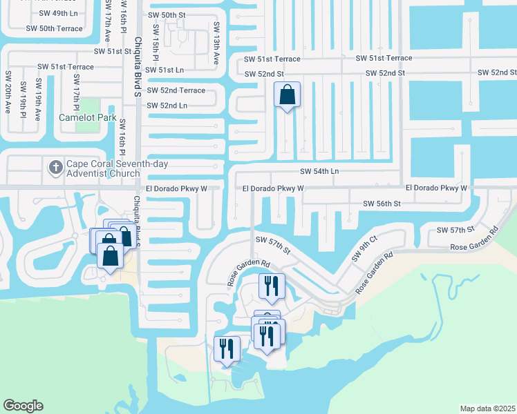 map of restaurants, bars, coffee shops, grocery stores, and more near 1204 El Dorado Parkway West in Cape Coral