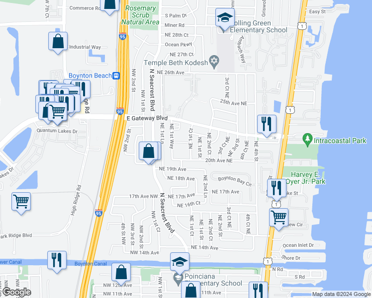 map of restaurants, bars, coffee shops, grocery stores, and more near 2134 Northeast 1st Court in Boynton Beach