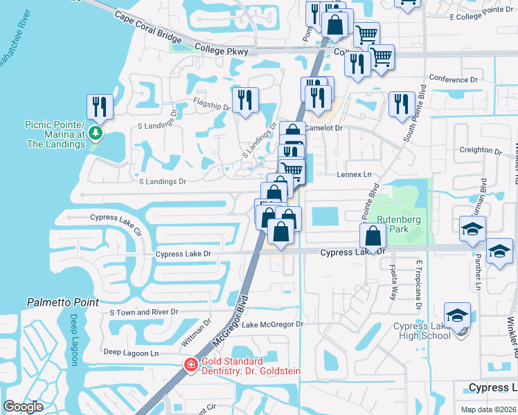map of restaurants, bars, coffee shops, grocery stores, and more near 6518 East Town and River Road in Fort Myers