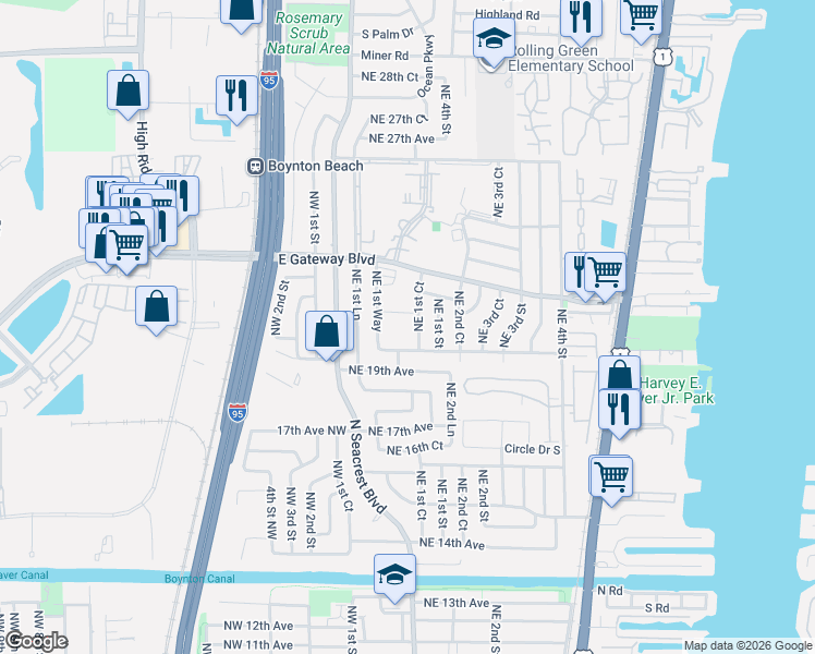 map of restaurants, bars, coffee shops, grocery stores, and more near 2134 Northeast 1st Court in Boynton Beach