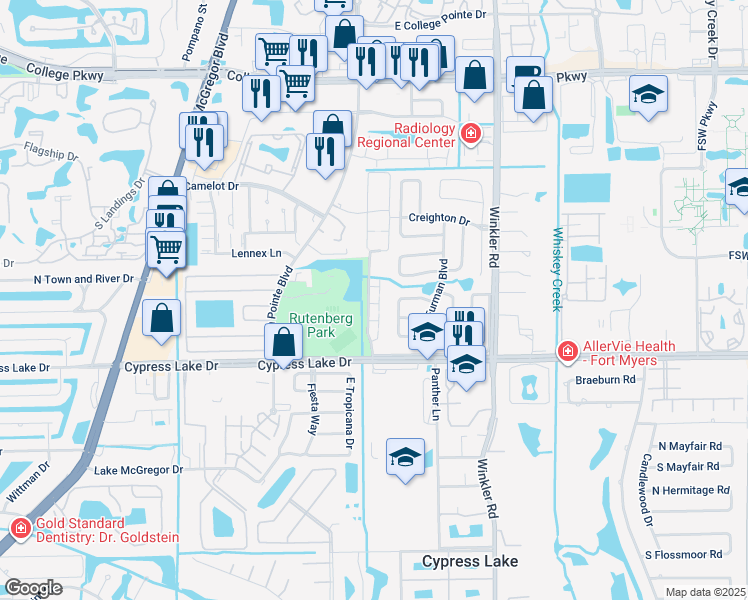 map of restaurants, bars, coffee shops, grocery stores, and more near 6158 Principia Drive in Fort Myers