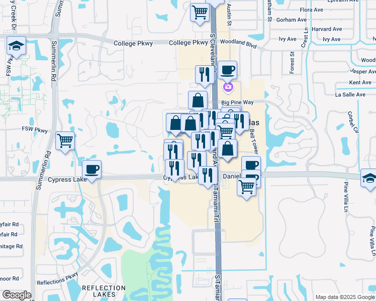 map of restaurants, bars, coffee shops, grocery stores, and more near 13300 Cypress Lake Drive in Fort Myers