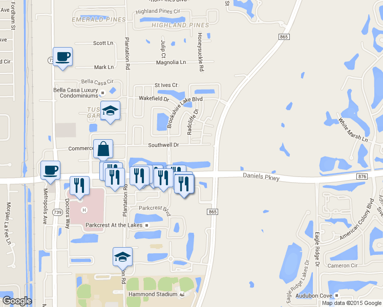 map of restaurants, bars, coffee shops, grocery stores, and more near 13451 Brookshire Lake Boulevard in Fort Myers