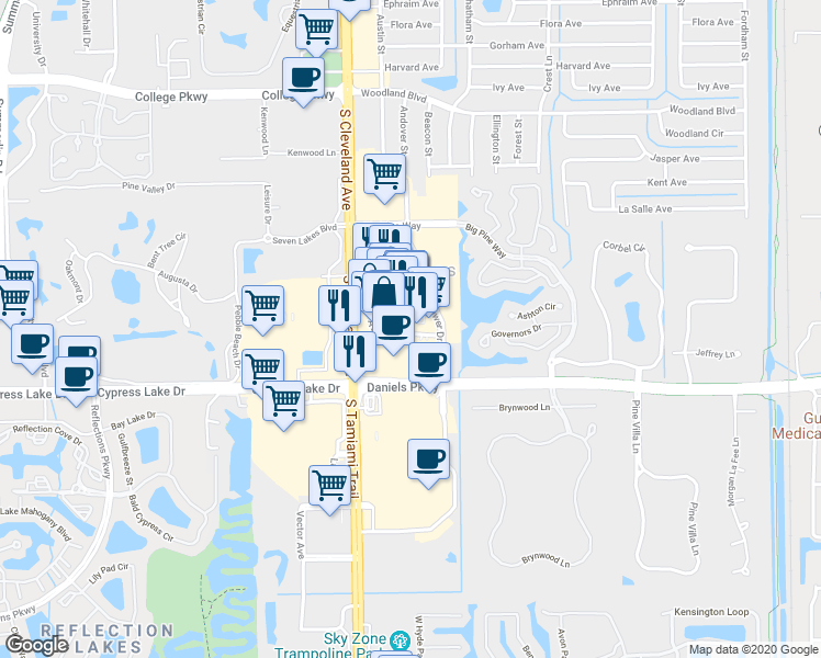 map of restaurants, bars, coffee shops, grocery stores, and more near 231 Bell Tower Shop Avenue in Fort Myers