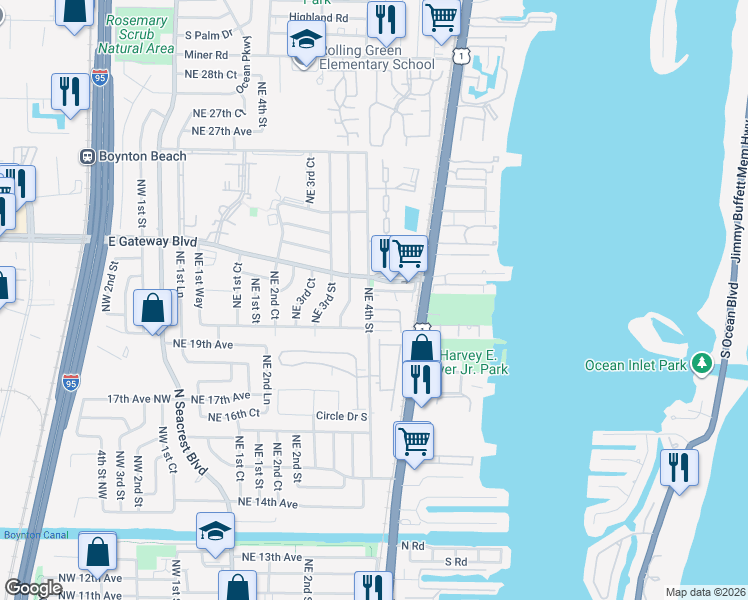 map of restaurants, bars, coffee shops, grocery stores, and more near 2206 Northeast 4th Street in Boynton Beach