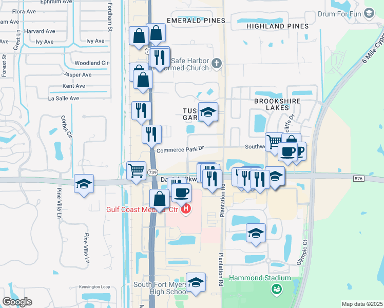 map of restaurants, bars, coffee shops, grocery stores, and more near 13465 Daniels Commerce Boulevard in Fort Myers