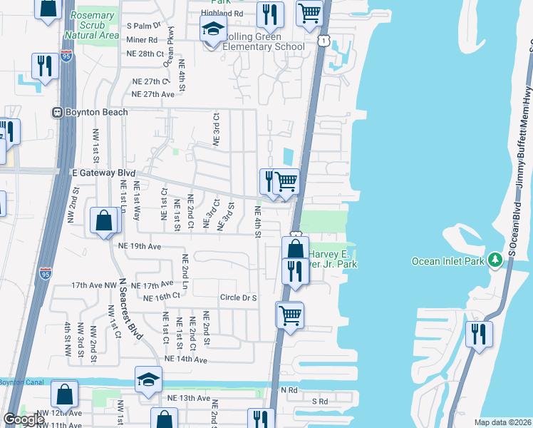 map of restaurants, bars, coffee shops, grocery stores, and more near 2206 Northeast 4th Street in Boynton Beach