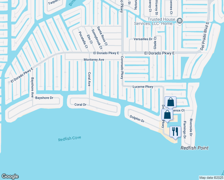 map of restaurants, bars, coffee shops, grocery stores, and more near 5370 Del Monte Court in Cape Coral