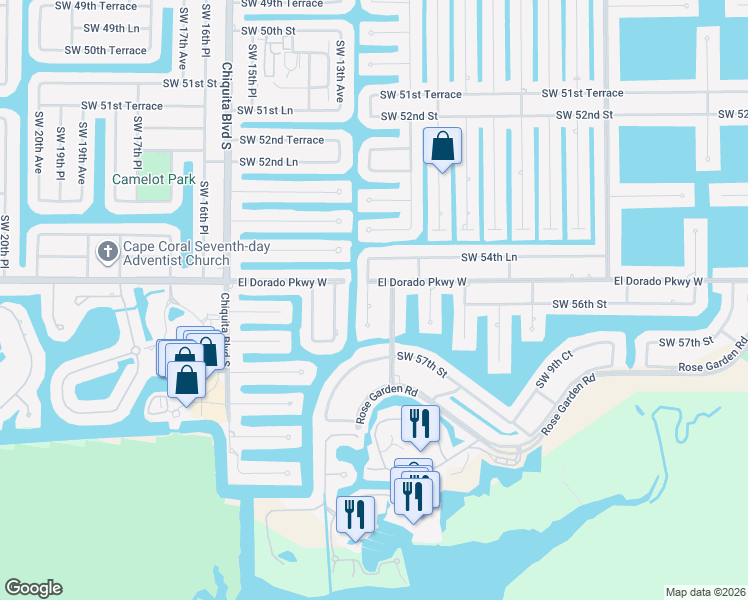 map of restaurants, bars, coffee shops, grocery stores, and more near 5507 Southwest 12th Place in Cape Coral