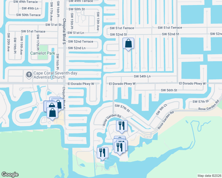 map of restaurants, bars, coffee shops, grocery stores, and more near 5507 Southwest 12th Place in Cape Coral