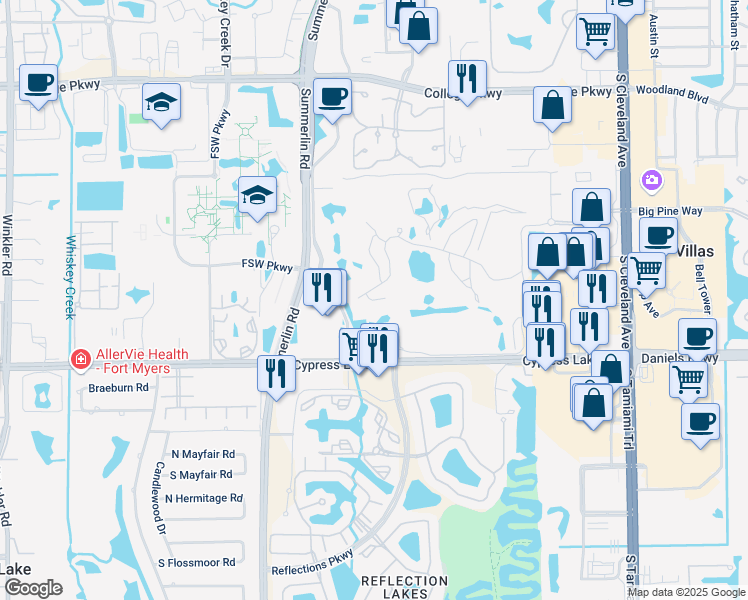 map of restaurants, bars, coffee shops, grocery stores, and more near Medinah Circle East in Fort Myers