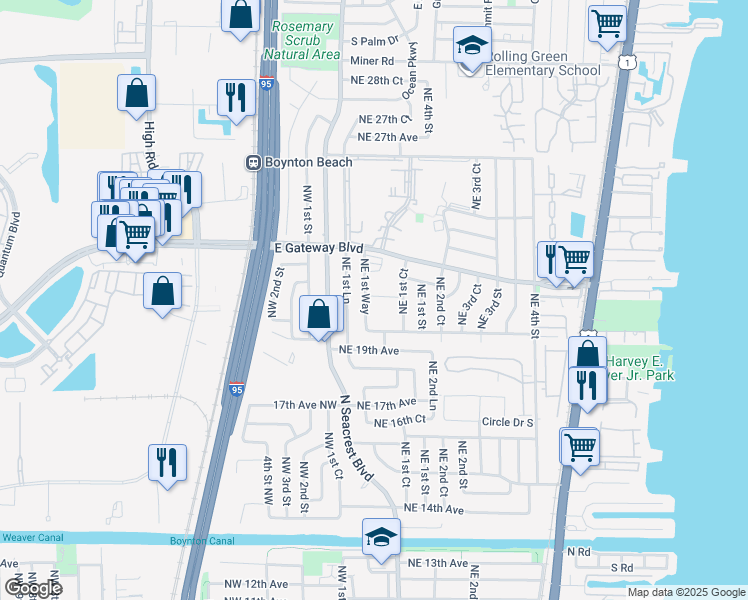 map of restaurants, bars, coffee shops, grocery stores, and more near 2152 Northeast 1st Way in Boynton Beach