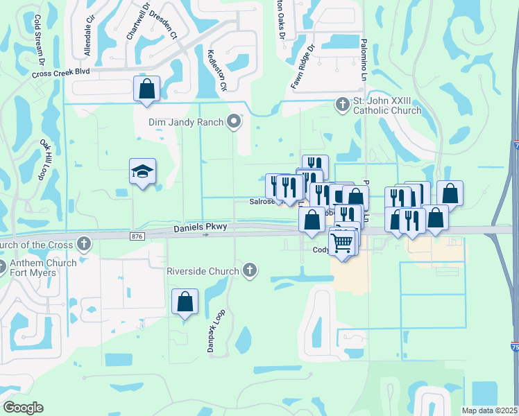 map of restaurants, bars, coffee shops, grocery stores, and more near 8860 Salrose Lane in Fort Myers