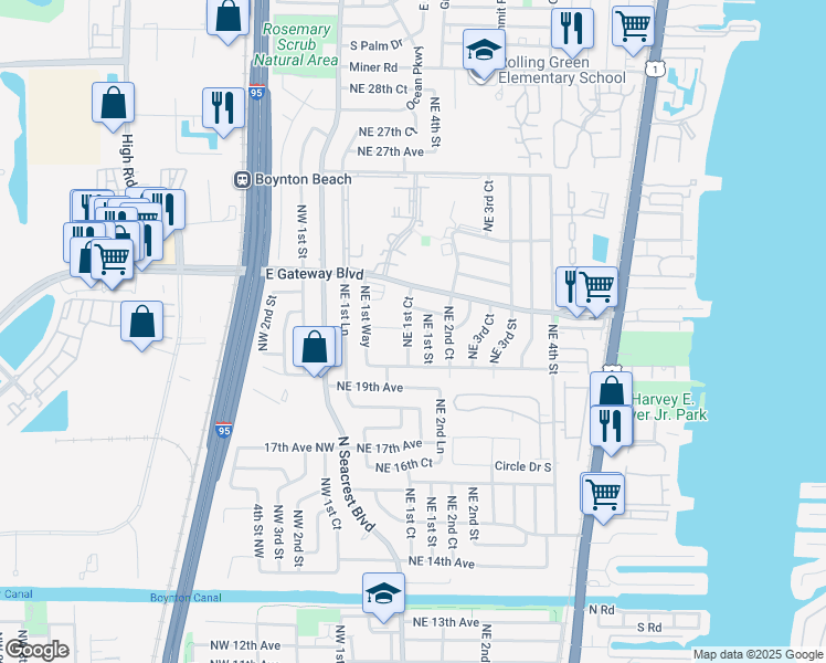 map of restaurants, bars, coffee shops, grocery stores, and more near 2134 Northeast 1st Court in Boynton Beach
